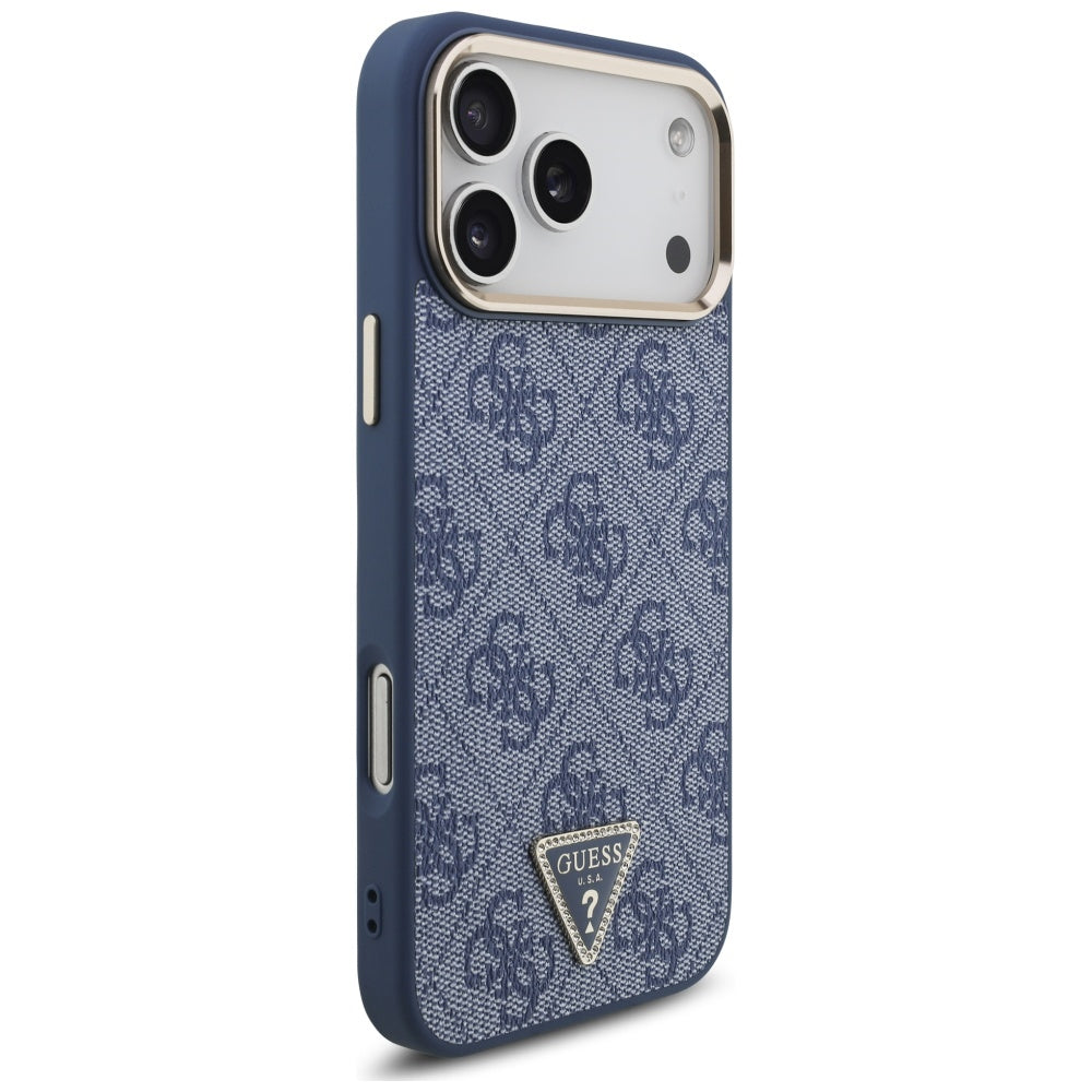 Custodia MagSafe per Apple iPhone 17 Pro, Guess, Logo Triangolo 4G, Blu Dorato