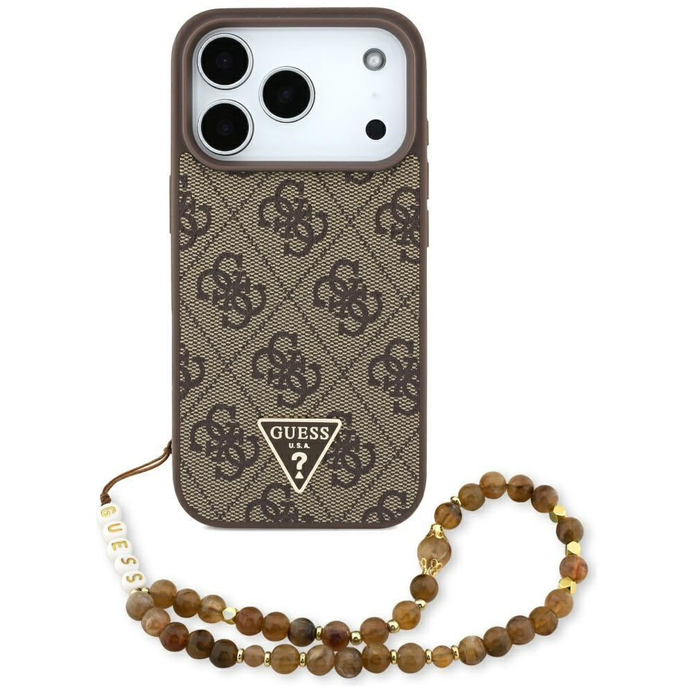 Custodia MagSafe per Apple iPhone 17 Pro, Guess, Logo Triangolo 4G con Cinturino di Perle, Marrone