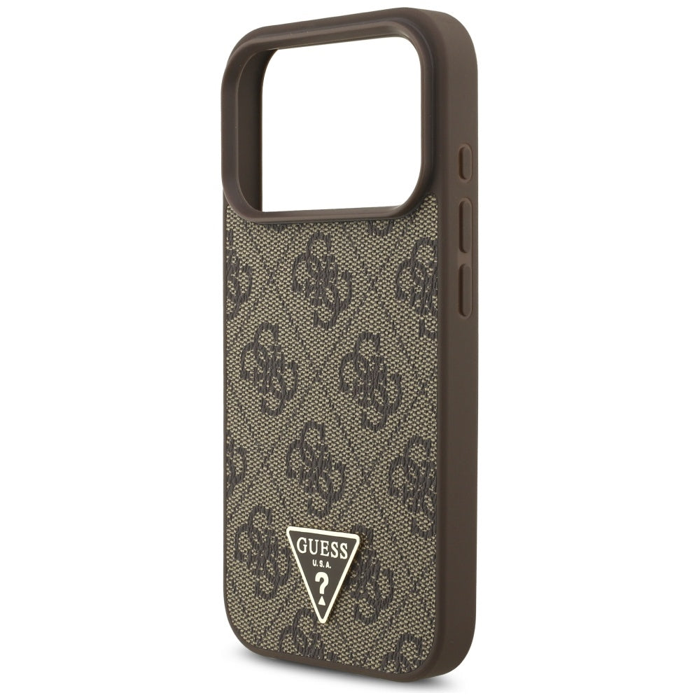 Custodia MagSafe per Apple iPhone 17 Pro, Guess, Logo Triangolo 4G con Cinturino di Perle, Marrone