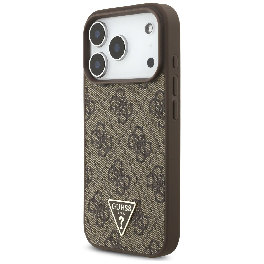 Custodia MagSafe per Apple iPhone 17 Pro, Guess, Logo Triangolo 4G con Cinturino di Perle, Marrone