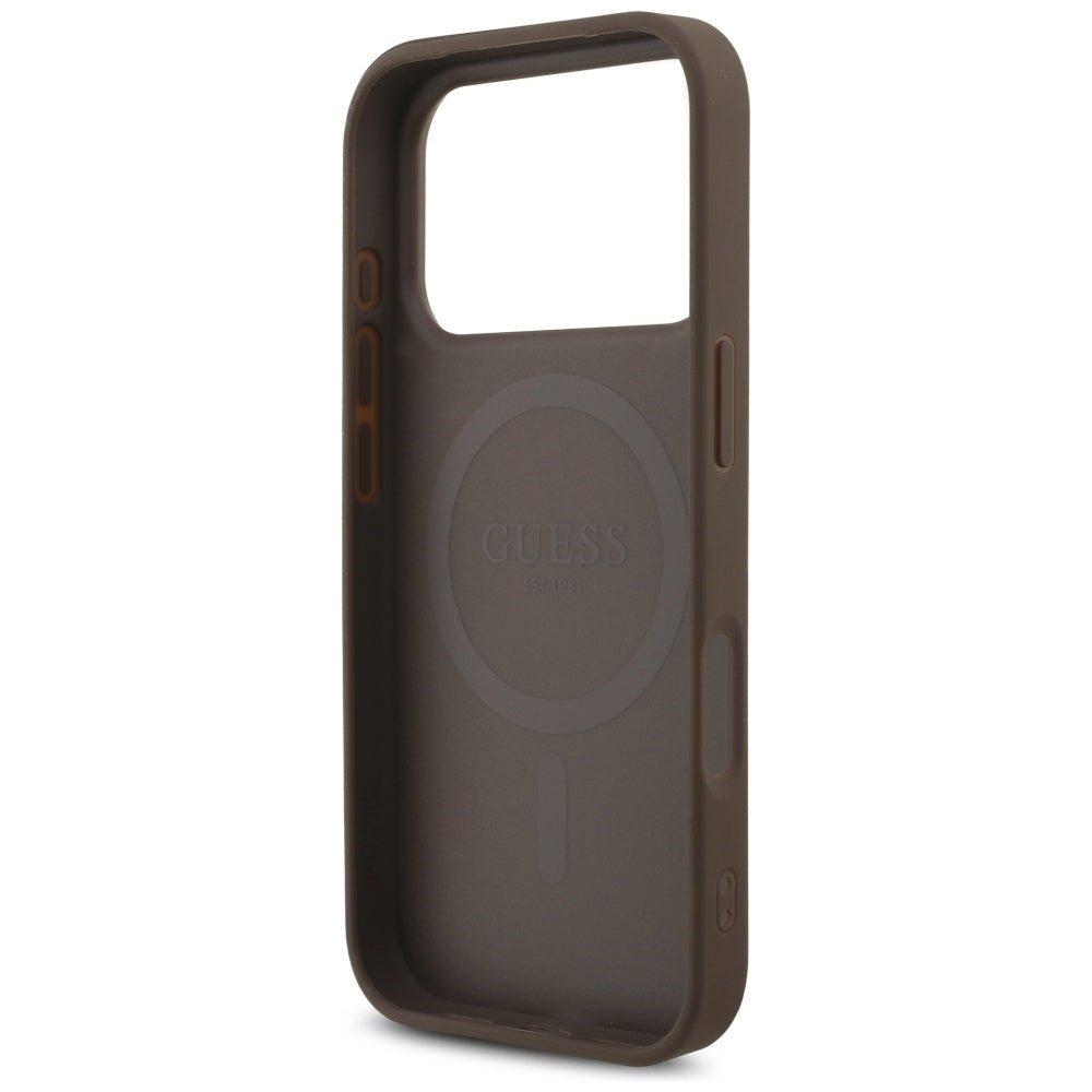 Custodia MagSafe per Apple iPhone 17 Pro, Guess, Logo Triangolo 4G con Cinturino di Perle, Marrone