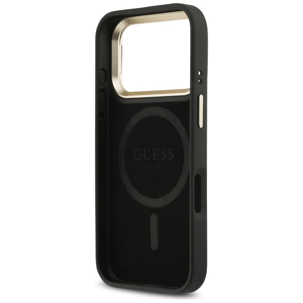 Custodia MagSafe per Apple iPhone 17 Pro, Guess, Logo Triangolo 4G con Supporto Fotocamera, Nero Dorato