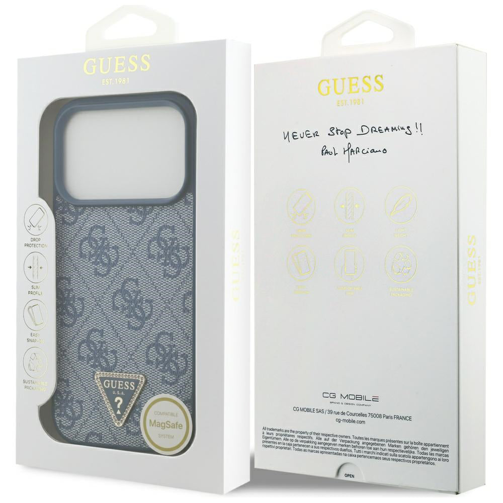 Custodia MagSafe per Apple iPhone 17 Pro, Guess, 4G Triangle Strass, Blu