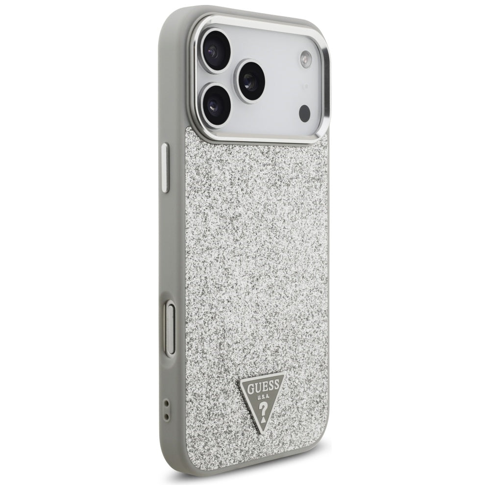 Custodia MagSafe per Apple iPhone 17 Pro, Guess, Glitter Triangle Logo, Argento