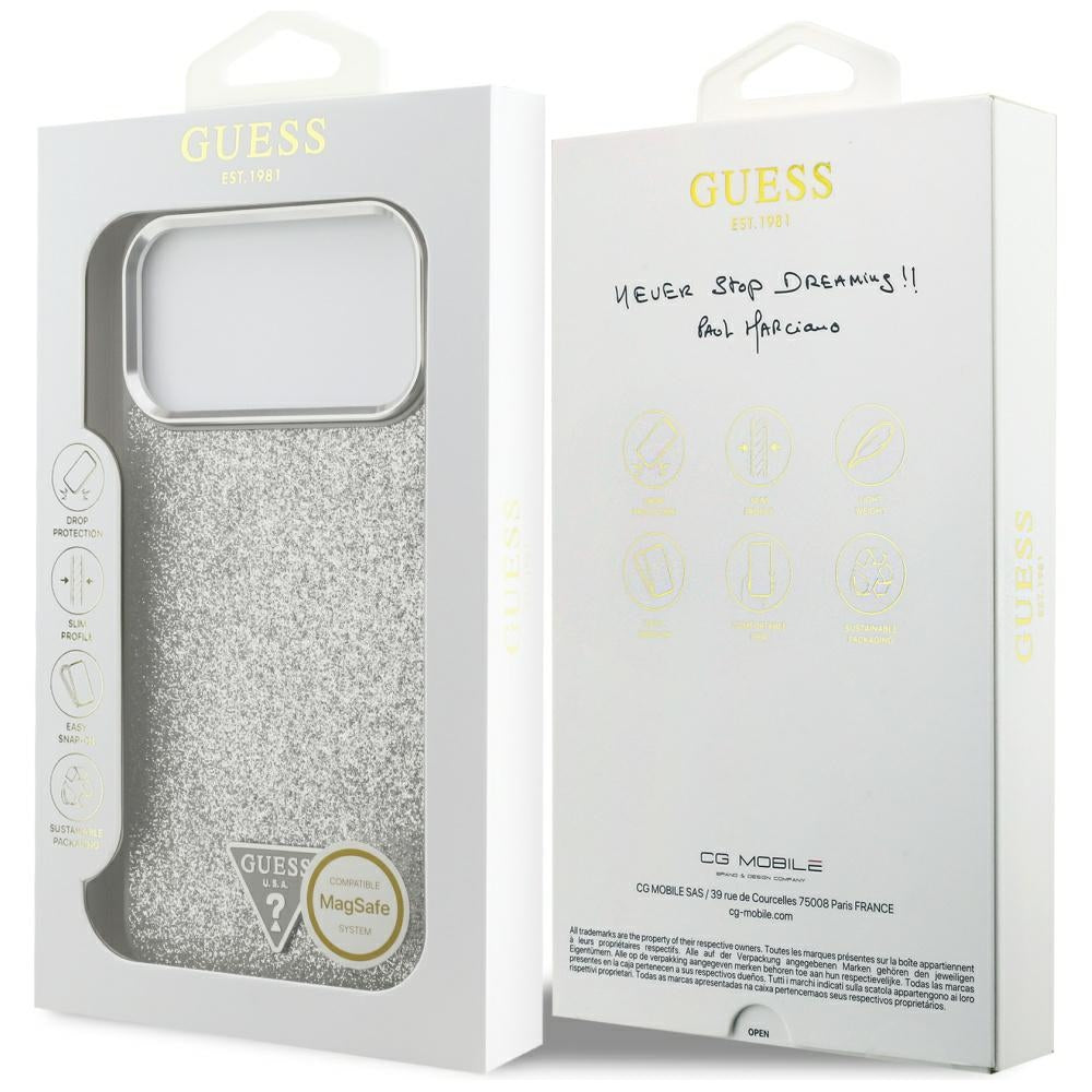 Custodia MagSafe per Apple iPhone 17 Pro, Guess, Glitter Triangle Logo, Argento