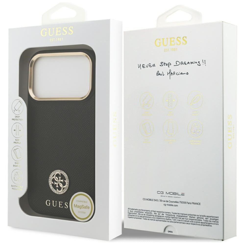 Custodia MagSafe per Apple iPhone 17 Pro, Guess, Grained Strass Logo, Nera