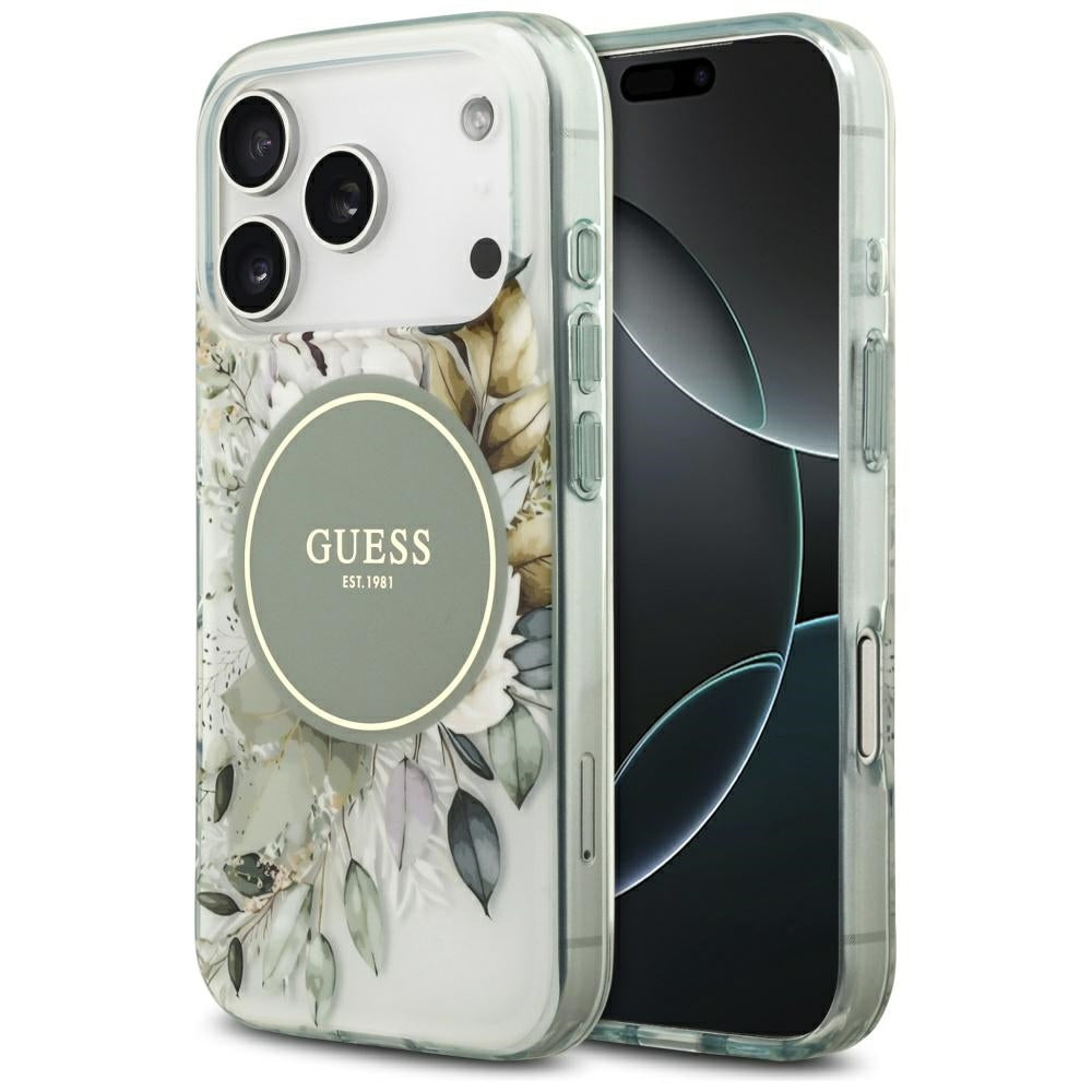 Custodia MagSafe per Apple iPhone 17 Pro, Guess, IML Flower and Tonal Circle, Verde