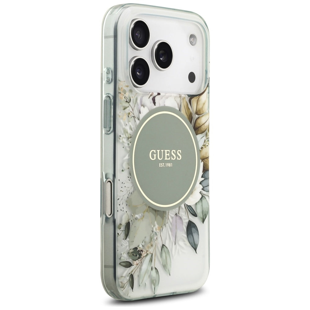 Custodia MagSafe per Apple iPhone 17 Pro, Guess, IML Flower and Tonal Circle, Verde