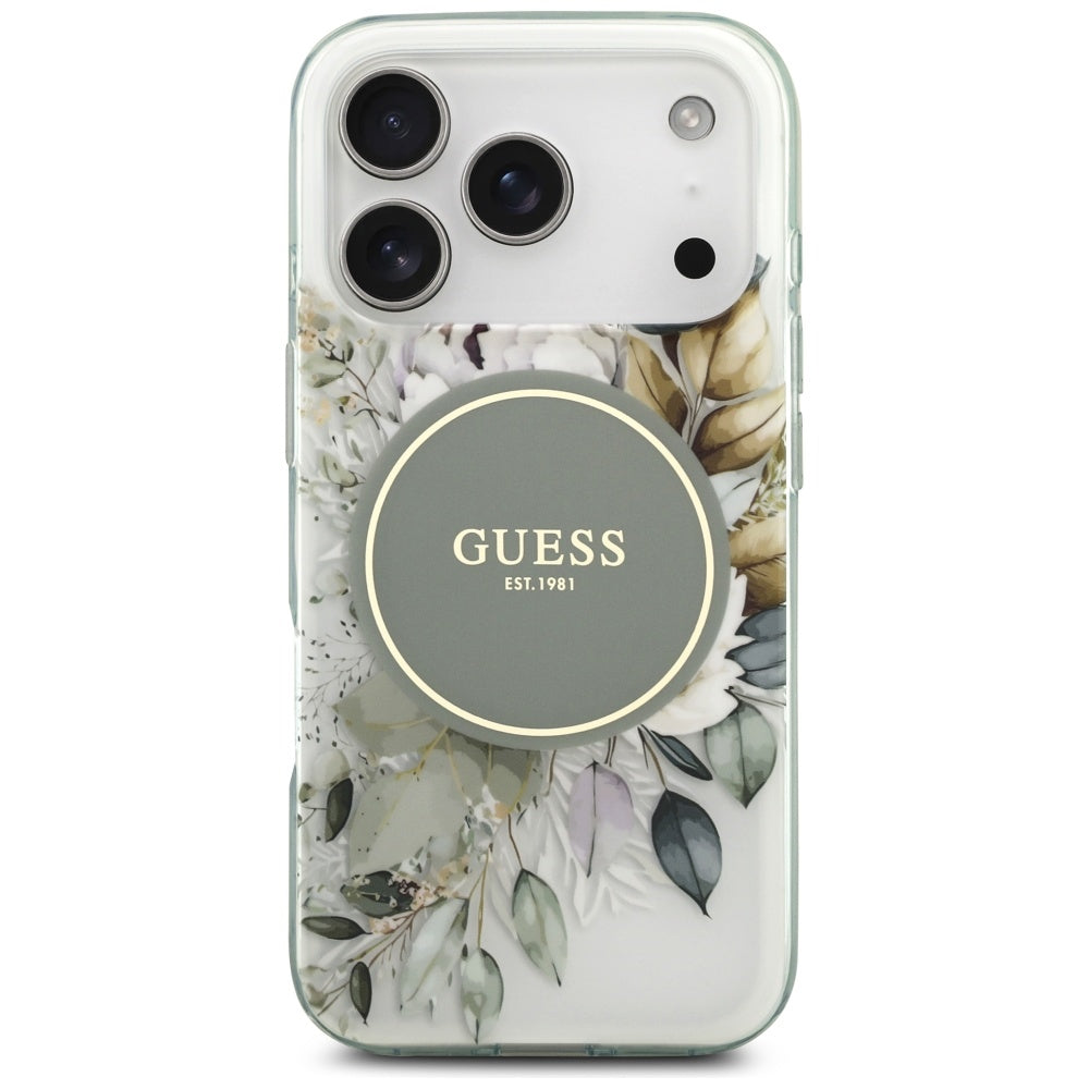 Custodia MagSafe per Apple iPhone 17 Pro, Guess, IML Flower and Tonal Circle, Verde