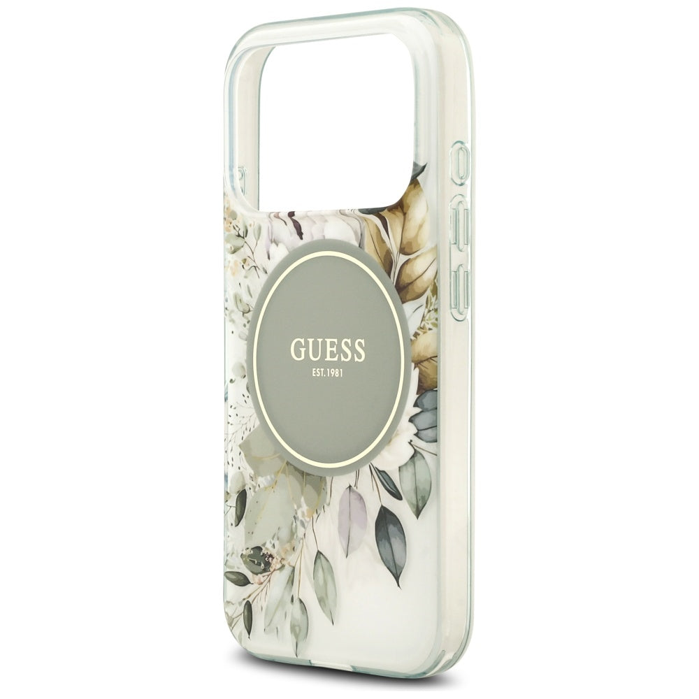 Custodia MagSafe per Apple iPhone 17 Pro, Guess, IML Flower and Tonal Circle, Verde