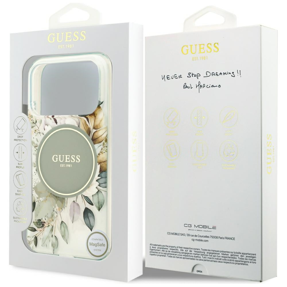 Custodia MagSafe per Apple iPhone 17 Pro, Guess, IML Flower and Tonal Circle, Verde