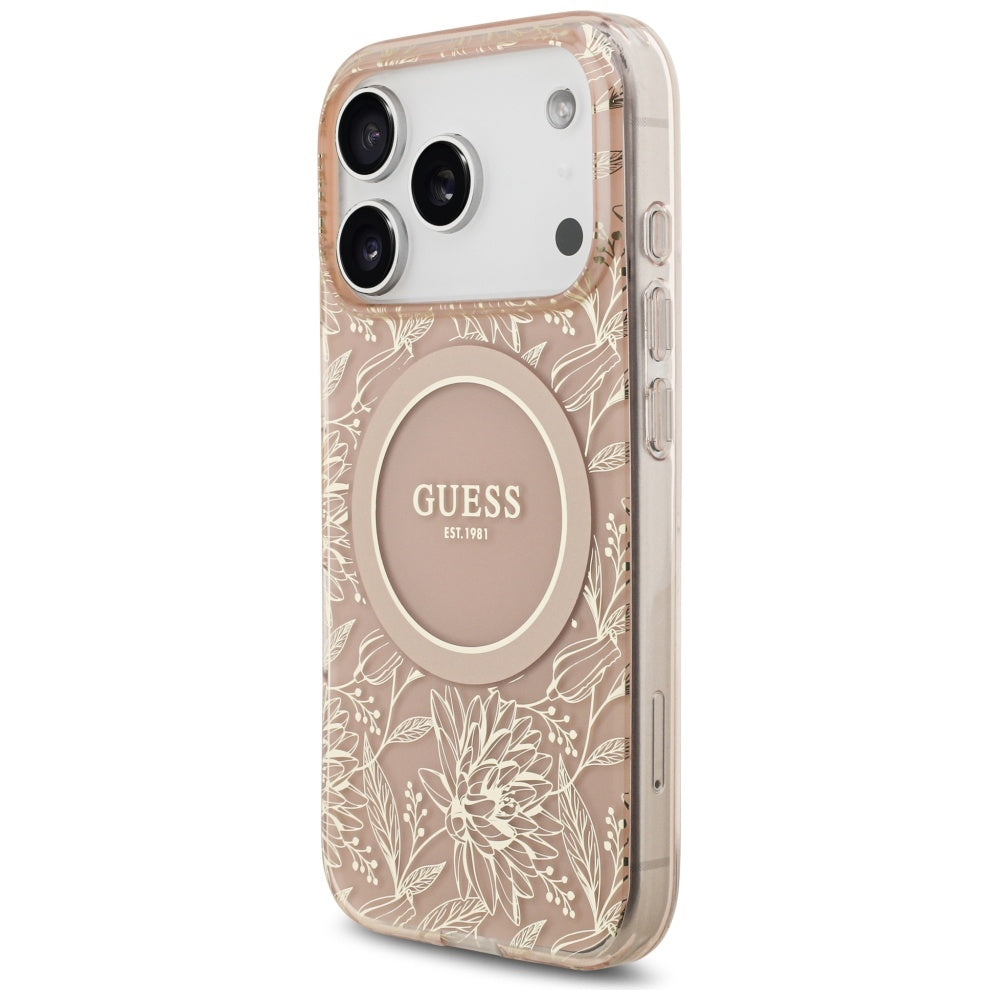 Custodia MagSafe per Apple iPhone 17 Pro, Guess, IML Flowers Allover Electroplated with Pearl Strap, Rosa