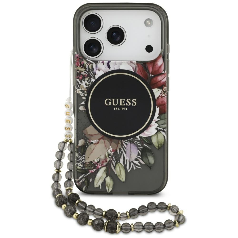 Custodia MagSafe per Apple iPhone 17 Pro, Guess, IML Flowers with Pearl Strap, Nera