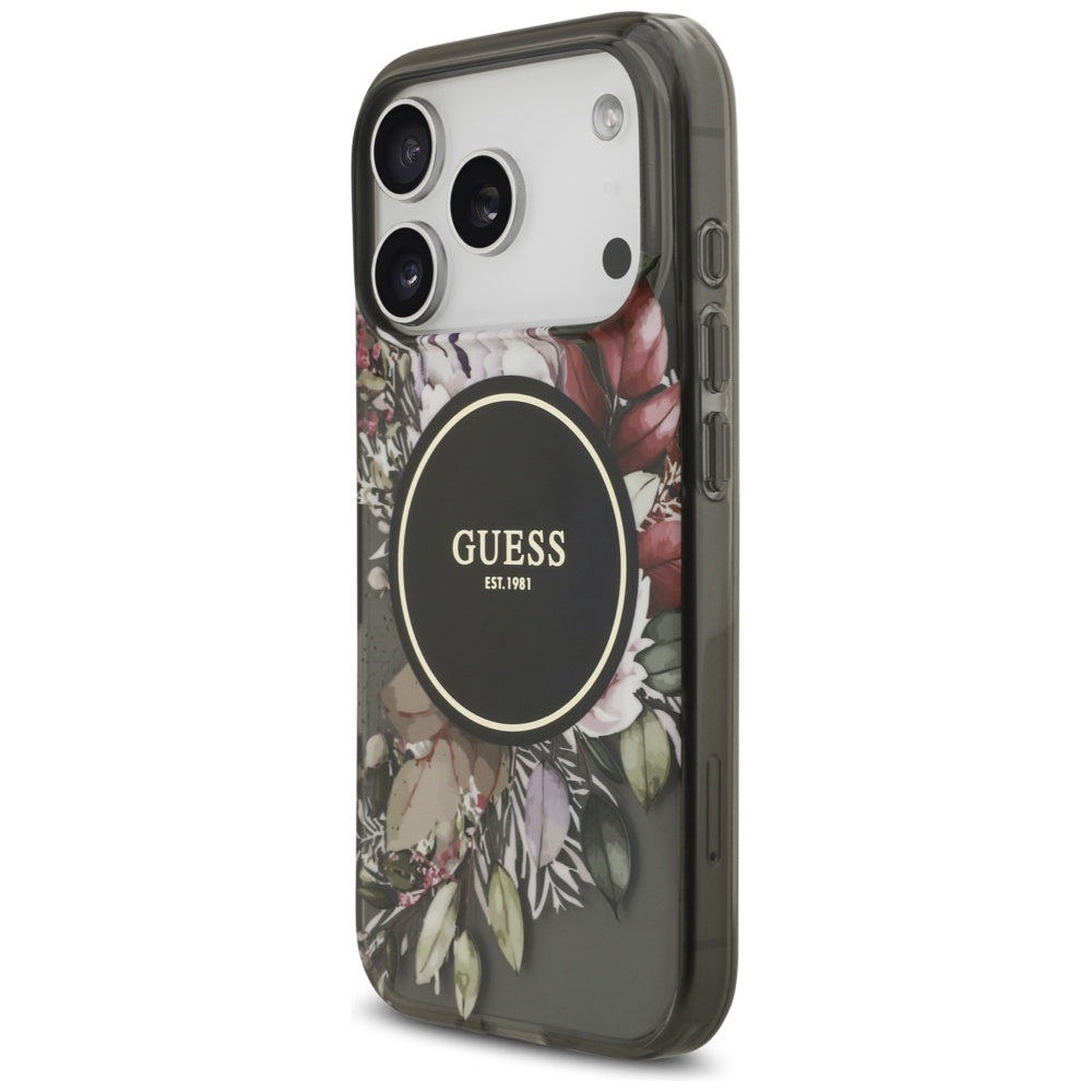 Custodia MagSafe per Apple iPhone 17 Pro, Guess, IML Flowers with Pearl Strap, Nera