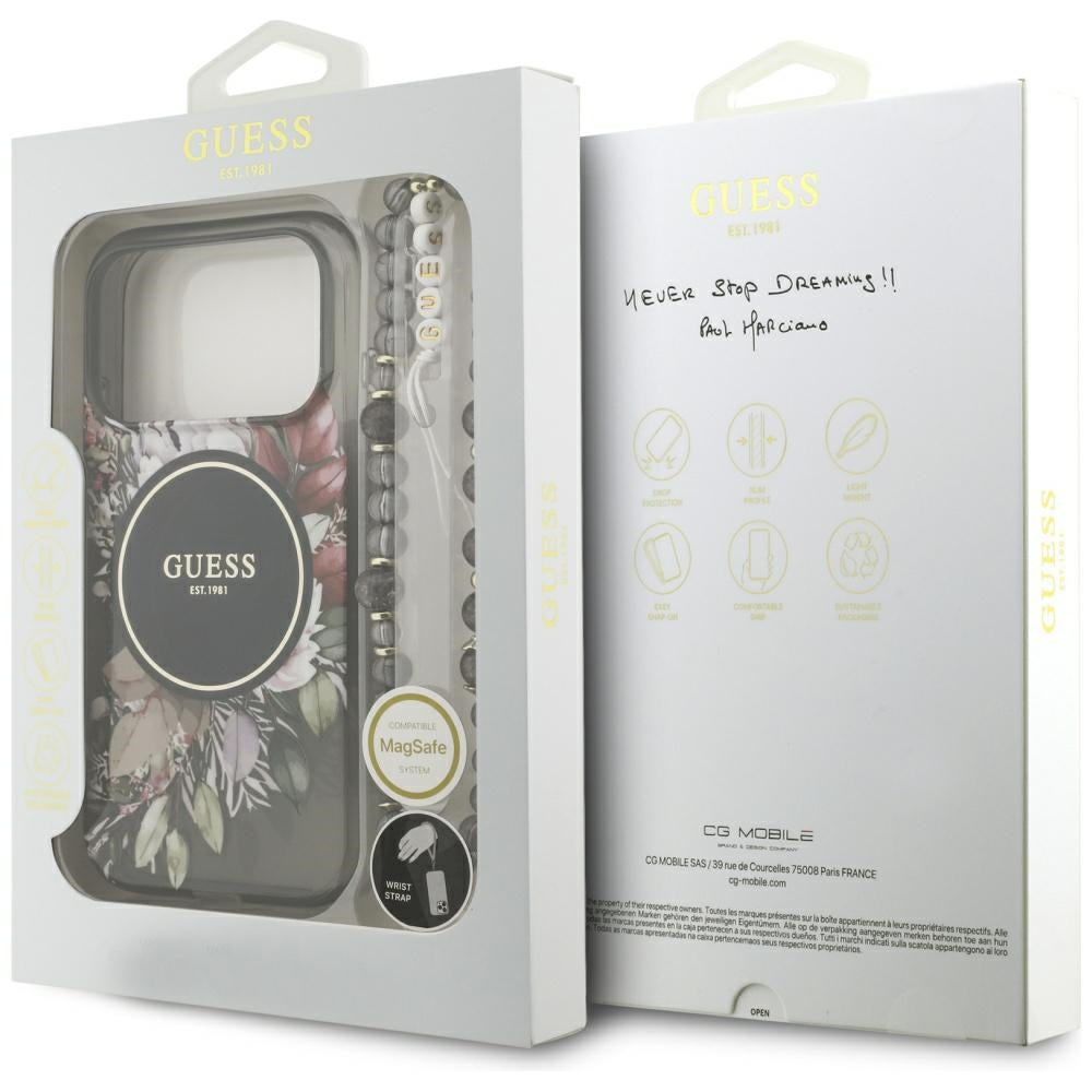 Custodia MagSafe per Apple iPhone 17 Pro, Guess, IML Flowers with Pearl Strap, Nera