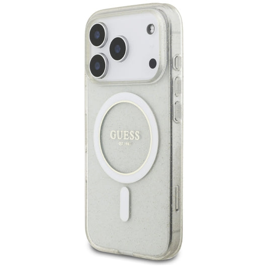Custodia MagSafe per Apple iPhone 17 Pro, Guess, IML Glitter con Cinturino di Perle, Trasparente
