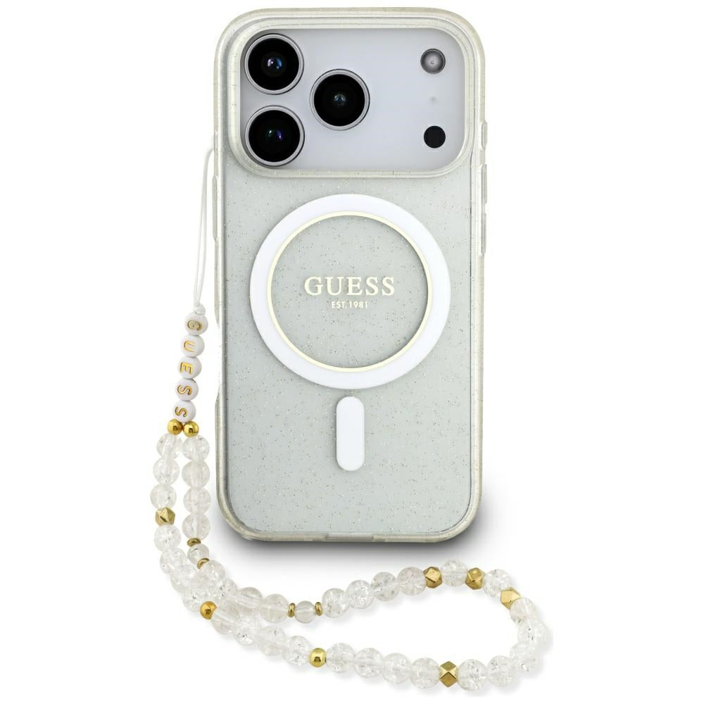 Custodia MagSafe per Apple iPhone 17 Pro, Guess, IML Glitter con Cinturino di Perle, Trasparente