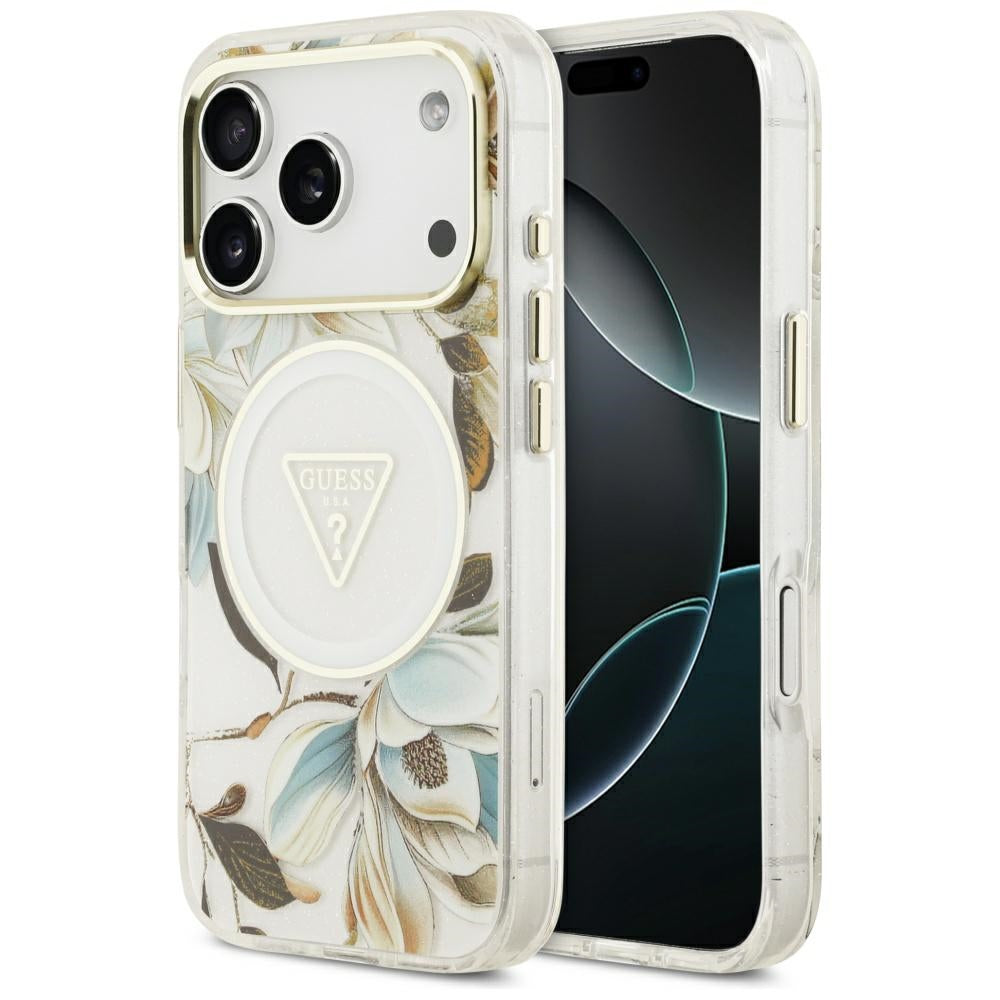 MagSafe Case for Apple iPhone 17 Pro, Guess, IML Metal Glitter Flowers Triangle, White