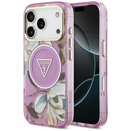 Custodia MagSafe per Apple iPhone 17 Pro, Guess, IML Metal Glitter Flowers Triangle, Viola