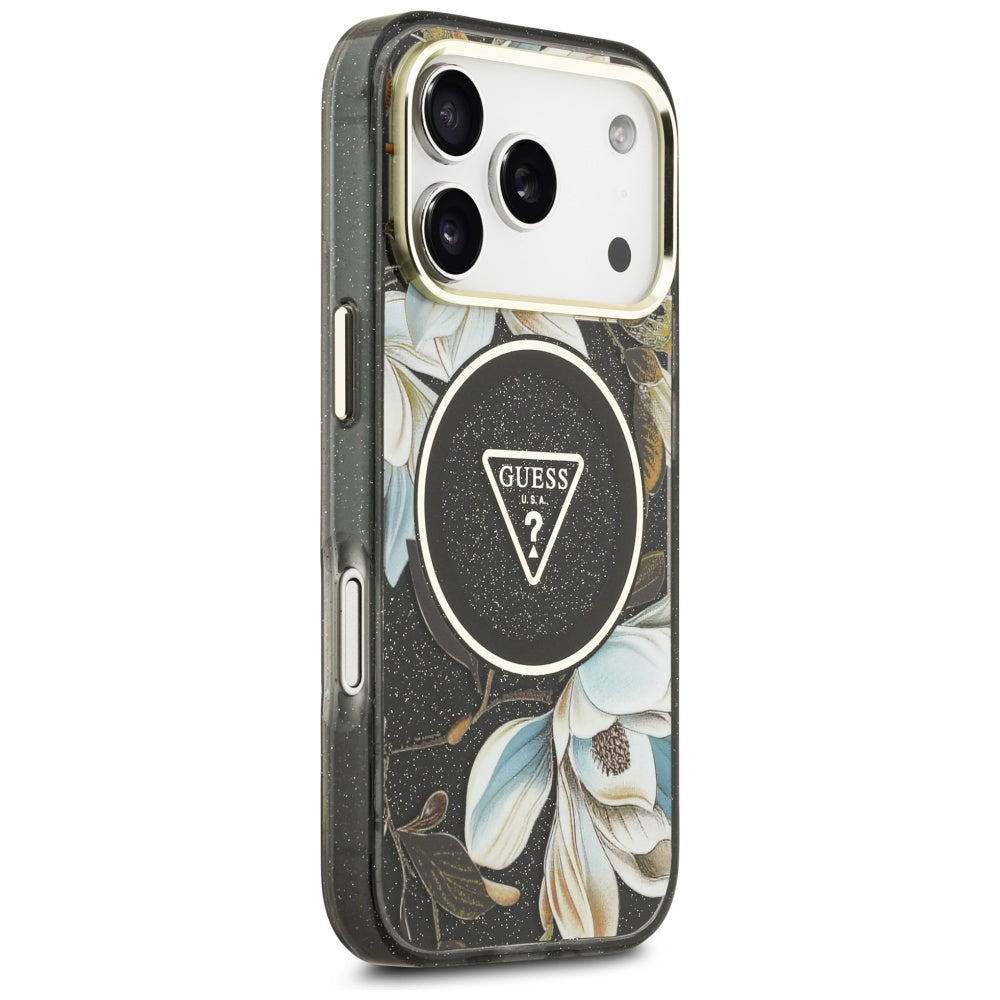 Custodia MagSafe per Apple iPhone 17 Pro, Guess, IML Metal Glitter Flowers Triangle, Nera