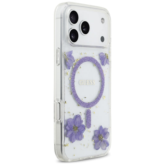 Custodia MagSafe per Apple iPhone 17 Pro, Guess, Resin Flowers and Glitter, Viola