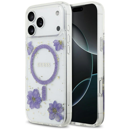 Custodia MagSafe per Apple iPhone 17 Pro, Guess, Resin Flowers and Glitter, Viola