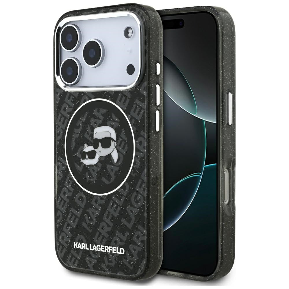 Custodia MagSafe per Apple iPhone 17 Pro, Karl Lagerfeld, Glitter Karl & Choupette Head, Nera