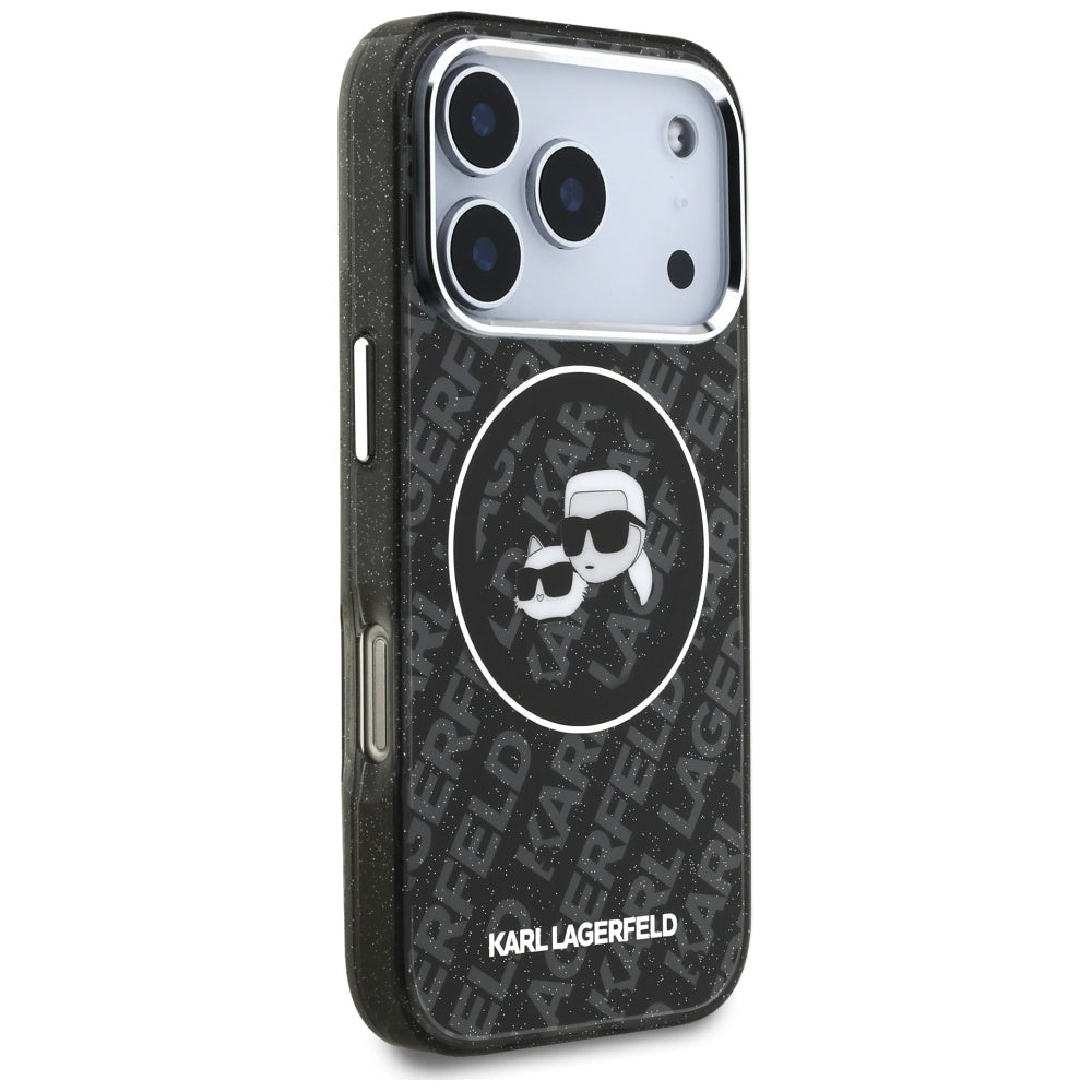 Custodia MagSafe per Apple iPhone 17 Pro, Karl Lagerfeld, Glitter Karl & Choupette Head, Nera