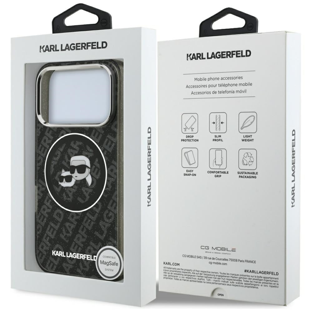 Custodia MagSafe per Apple iPhone 17 Pro, Karl Lagerfeld, Glitter Karl & Choupette Head, Nera