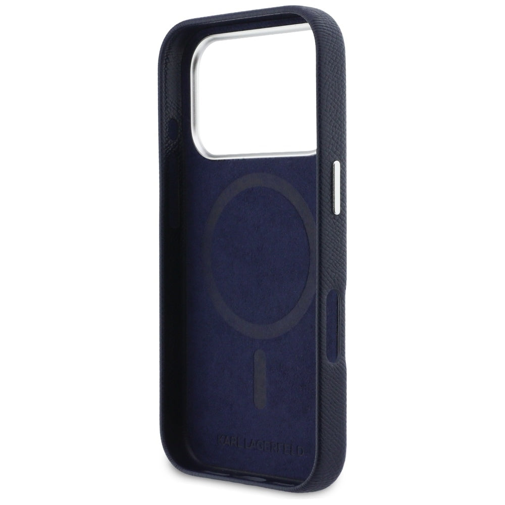 Custodia MagSafe per Apple iPhone 17 Pro, Karl Lagerfeld, Saffiano Karl & Choupette Pins, Blu