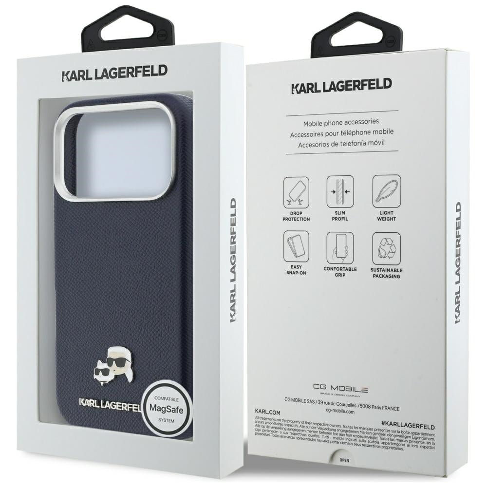 Custodia MagSafe per Apple iPhone 17 Pro, Karl Lagerfeld, Saffiano Karl & Choupette Pins, Blu