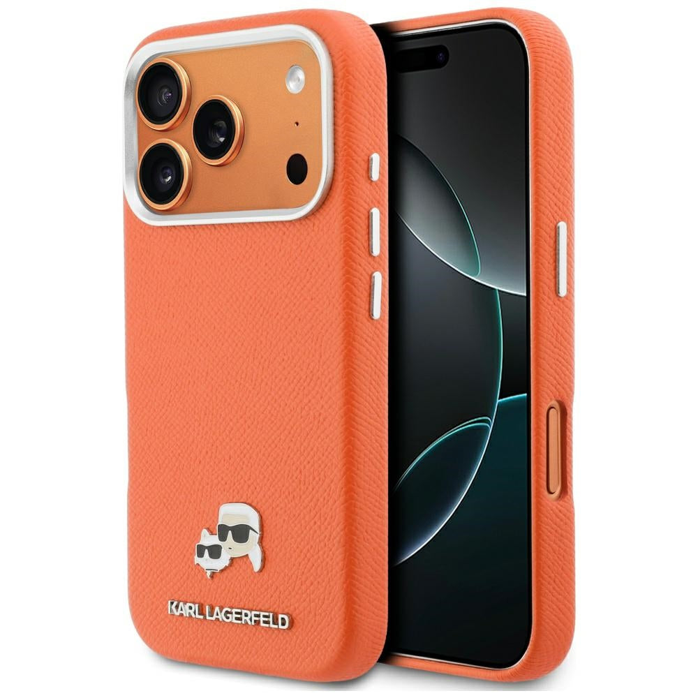 Custodia MagSafe per Apple iPhone 17 Pro, Karl Lagerfeld, Saffiano Karl & Choupette Pins, Arancione