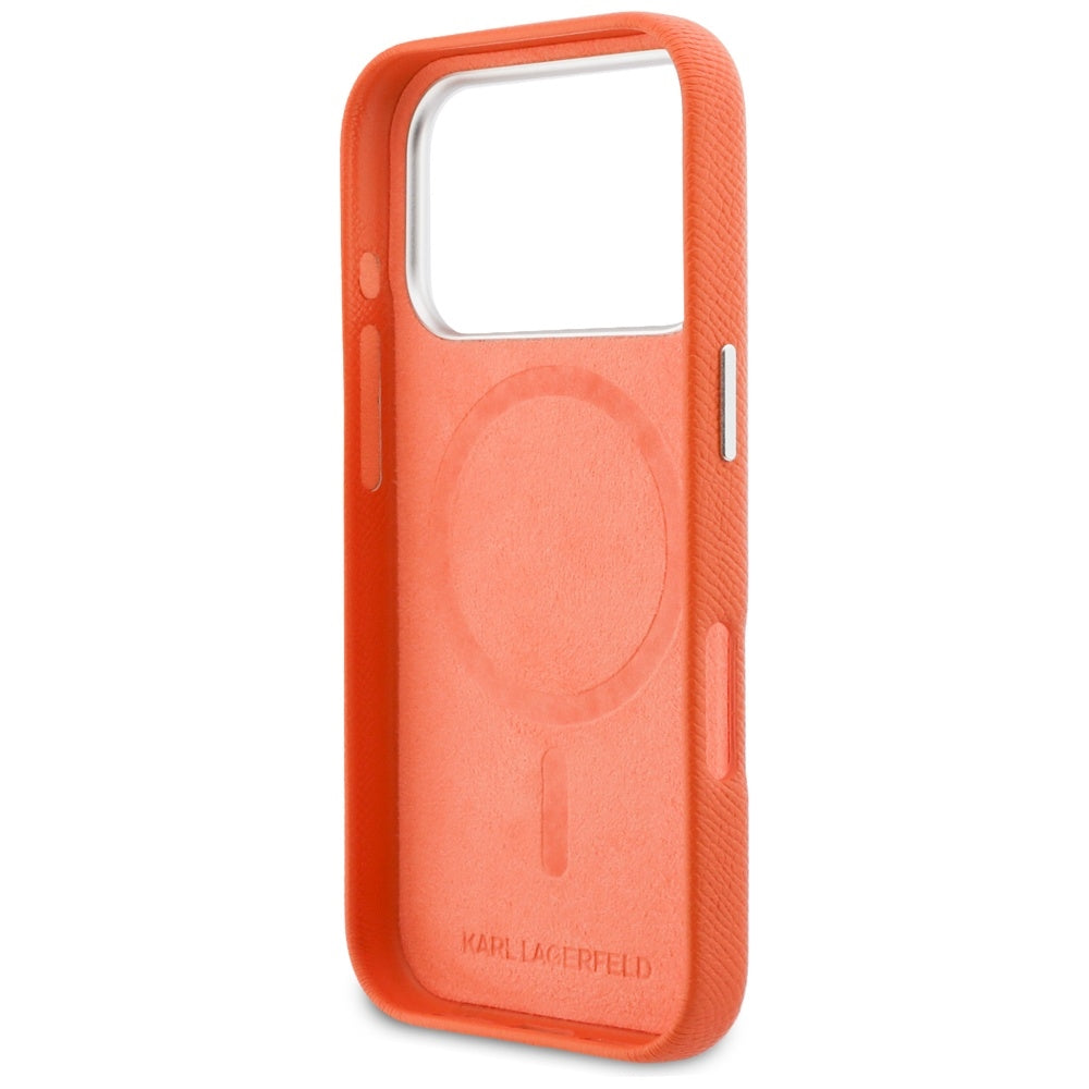 Custodia MagSafe per Apple iPhone 17 Pro, Karl Lagerfeld, Saffiano Karl & Choupette Pins, Arancione