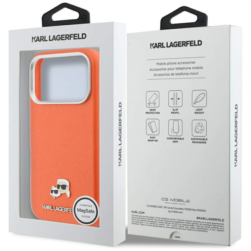 Custodia MagSafe per Apple iPhone 17 Pro, Karl Lagerfeld, Saffiano Karl & Choupette Pins, Arancione