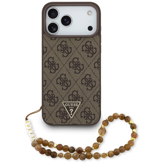 Custodia MagSafe per Apple iPhone 17 Pro Max, Guess, 4G Triangle Logo Cord Strap, Marrone