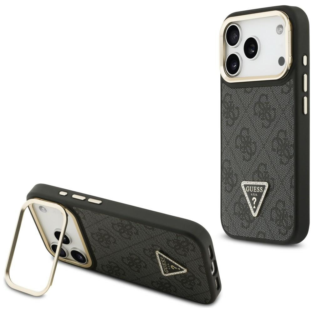 Custodia MagSafe per Apple iPhone 17 Pro Max, Guess, 4G Triangle Logo with Stand Camera, Nera Dorata