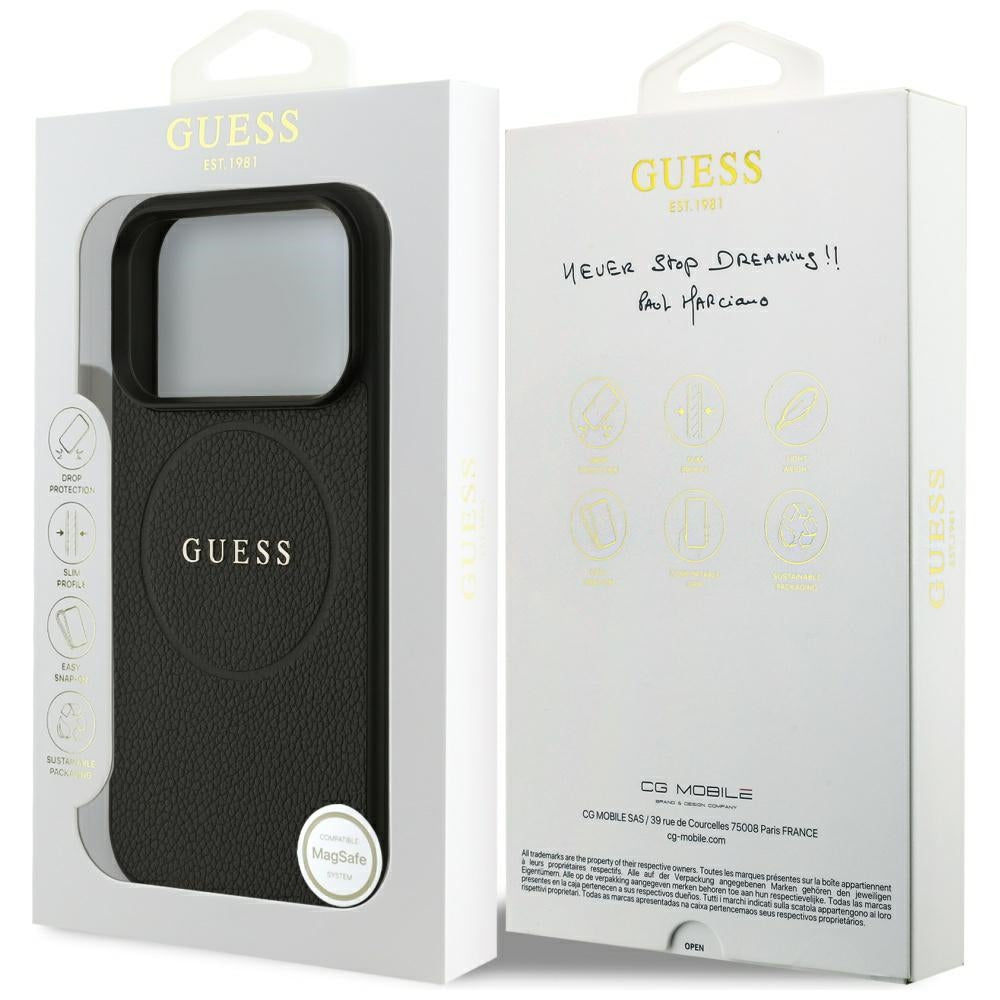 Custodia MagSafe per Apple iPhone 17 Pro Max, Guess, Grained Gold Ring, Nera