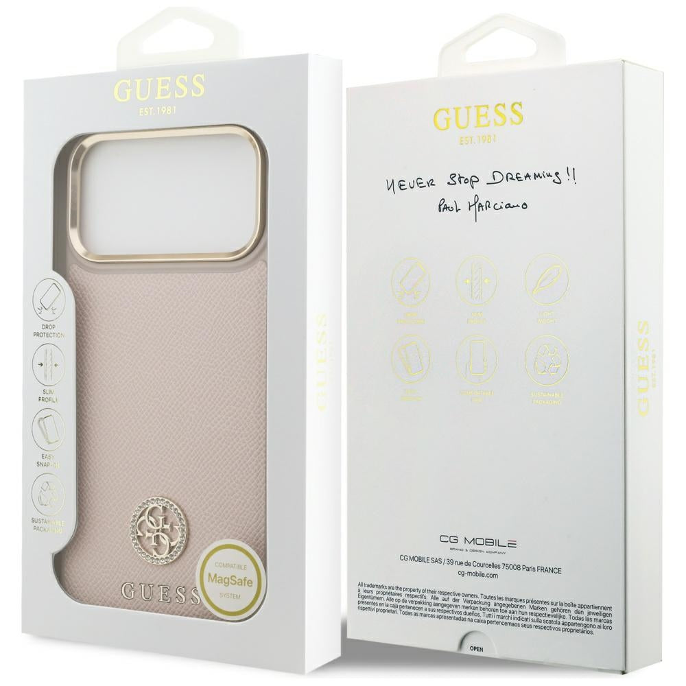 Custodia MagSafe per Apple iPhone 17 Pro Max, Guess, Grained Strass Logo, Rosa