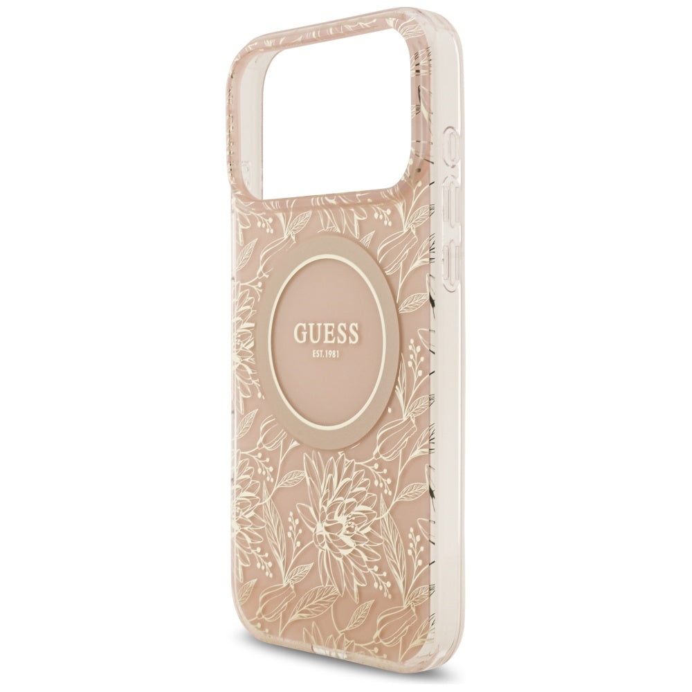 Custodia MagSafe per Apple iPhone 17 Pro Max, Guess, IML Flowers Allover Electroplated with Pearl Strap, Rosa