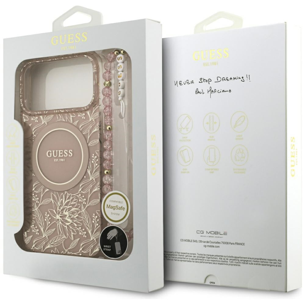 Custodia MagSafe per Apple iPhone 17 Pro Max, Guess, IML Flowers Allover Electroplated with Pearl Strap, Rosa
