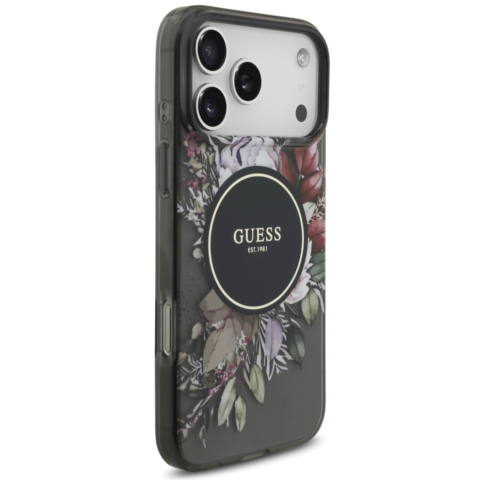 MagSafe Case for Apple iPhone 17 Pro Max, Guess, IML Flowers with Pearl Strap, Black
