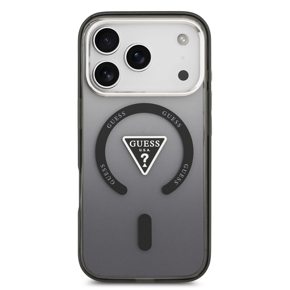 Custodia MagSafe per Apple iPhone 17 Pro Max, Guess, Logo Triangolo Gradiente IML, Nera Argentata