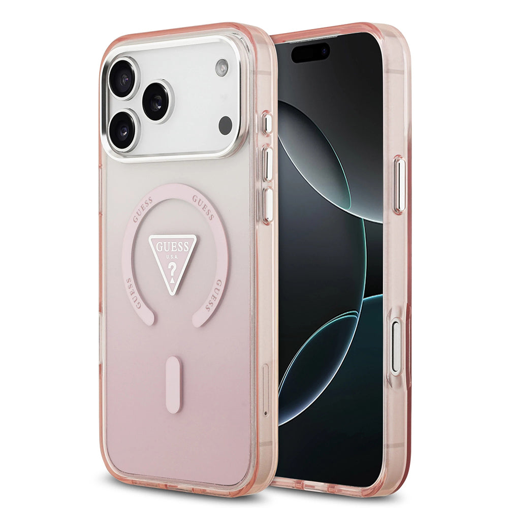 Custodia MagSafe per Apple iPhone 17 Pro Max, Guess, Logo Triangolo Gradiente IML, Rosa