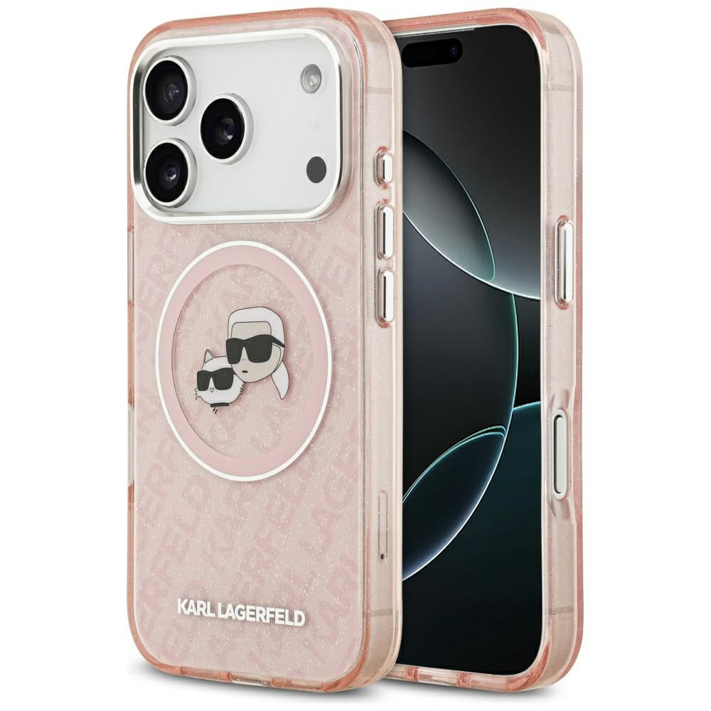 Custodia MagSafe per Apple iPhone 17 Pro Max, Karl Lagerfeld, Glitter Karl & Choupette Head, Rosa
