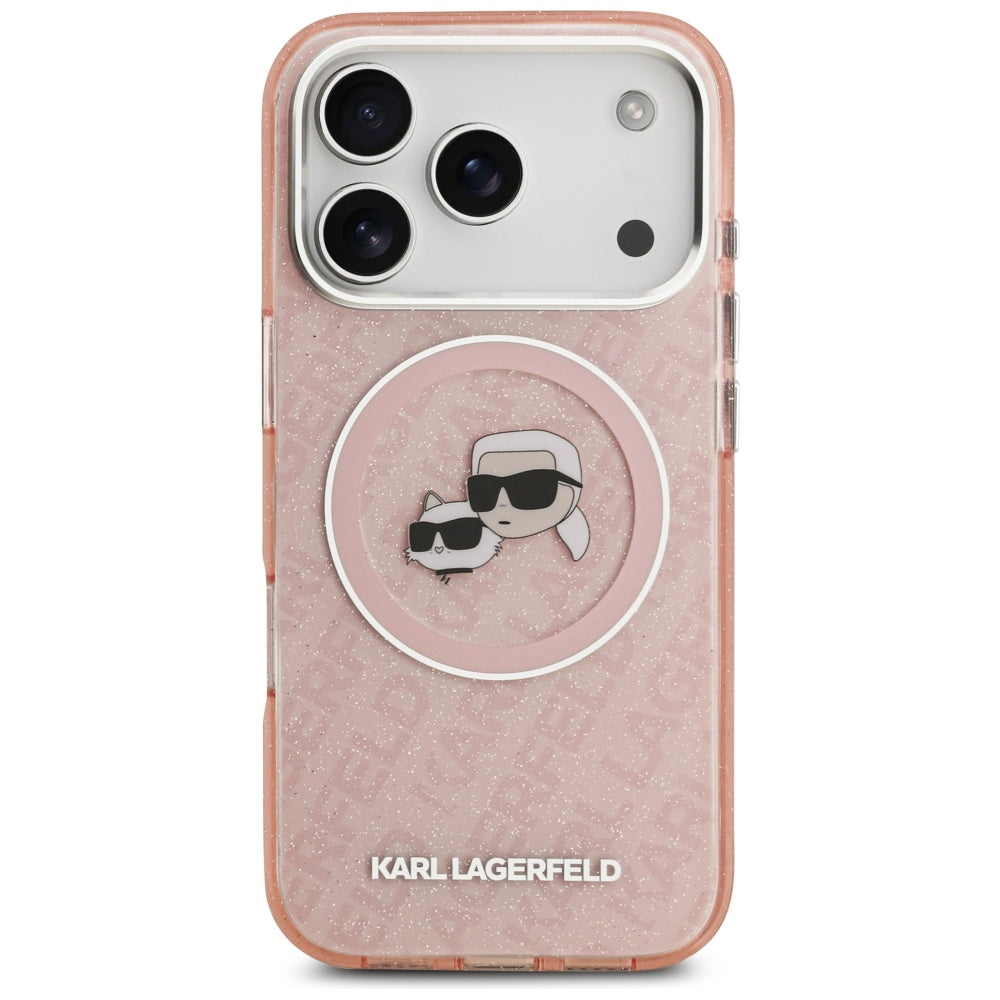 Custodia MagSafe per Apple iPhone 17 Pro Max, Karl Lagerfeld, Glitter Karl & Choupette Head, Rosa