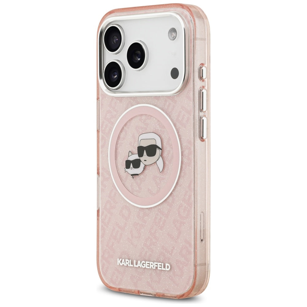 Custodia MagSafe per Apple iPhone 17 Pro Max, Karl Lagerfeld, Glitter Karl & Choupette Head, Rosa