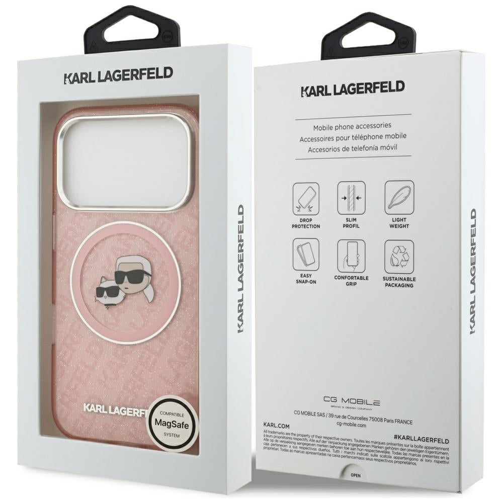 Custodia MagSafe per Apple iPhone 17 Pro Max, Karl Lagerfeld, Glitter Karl & Choupette Head, Rosa