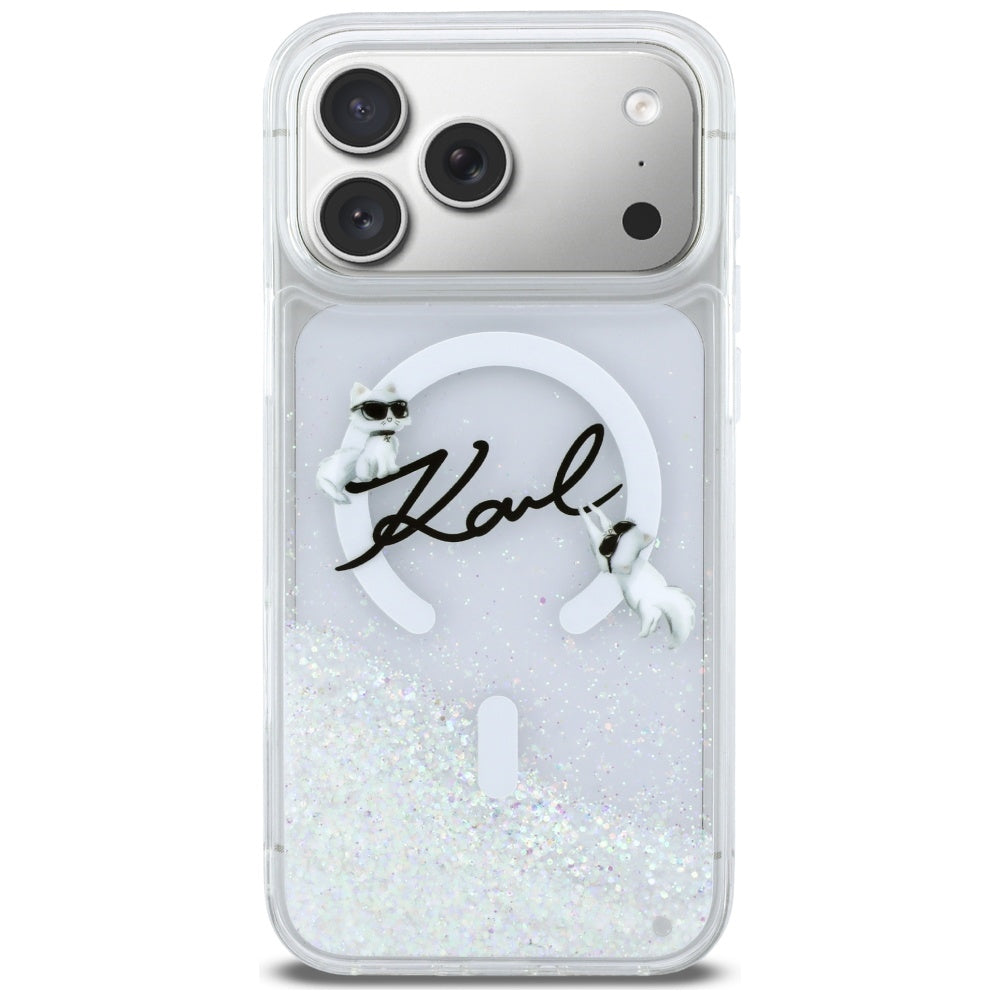 Custodia MagSafe per Apple iPhone 17 Pro Max, Karl Lagerfeld, Glitter Karl Script Logo, Trasparente