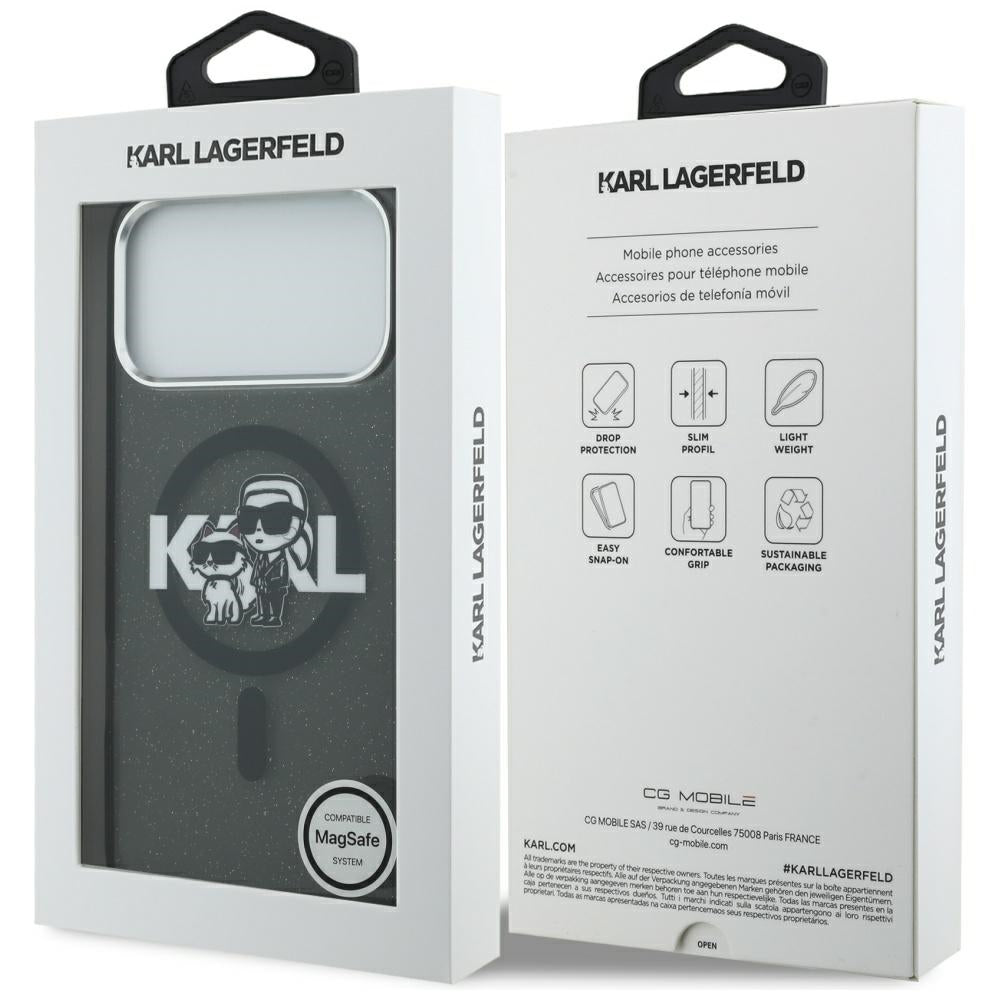 Custodia MagSafe per Apple iPhone 17 Pro Max, Karl Lagerfeld, IML Sketch Logo Glitter Karl & Choupette, Nera