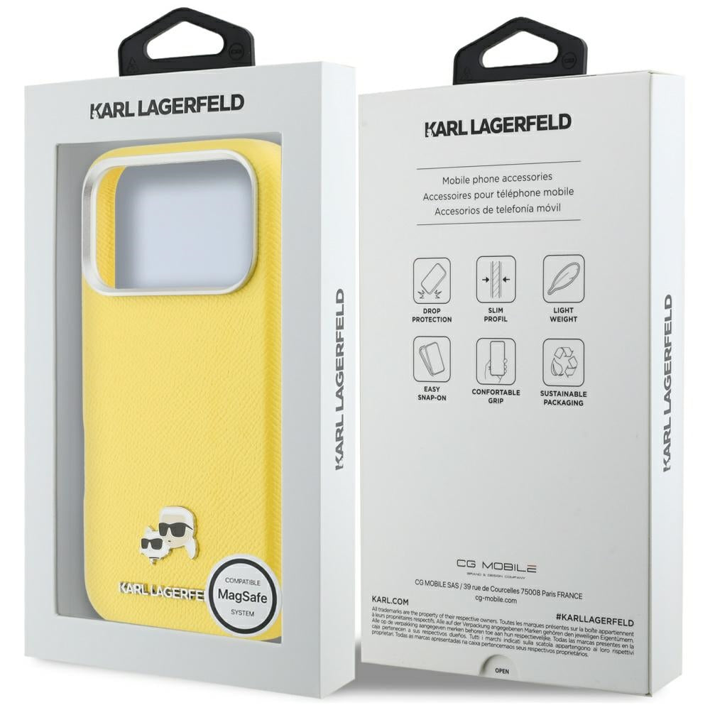 Custodia MagSafe per Apple iPhone 17 Pro Max, Karl Lagerfeld, Karl & Choupette Head's Pin, Gialla